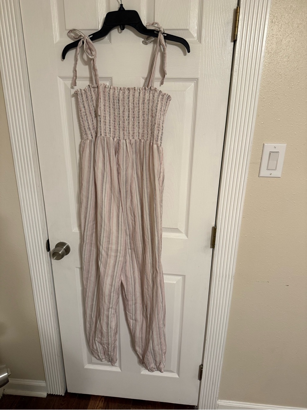 Hatch Light Pink Striped Smocked Jumpsuit with Tie Straps- Maternity